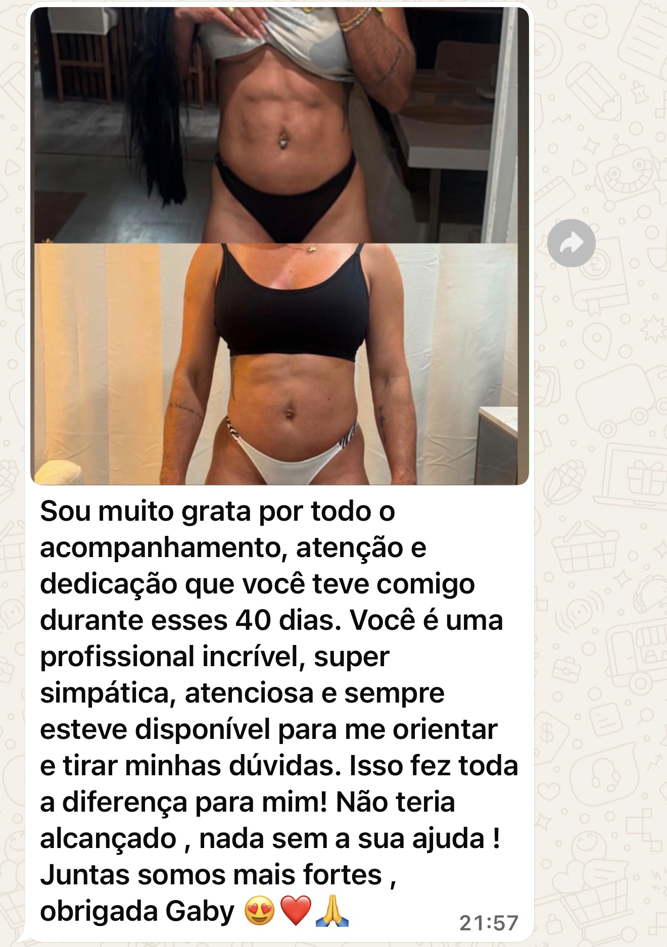 Print de WhatsApp com resultado de 40 dias e depoimento de aluna