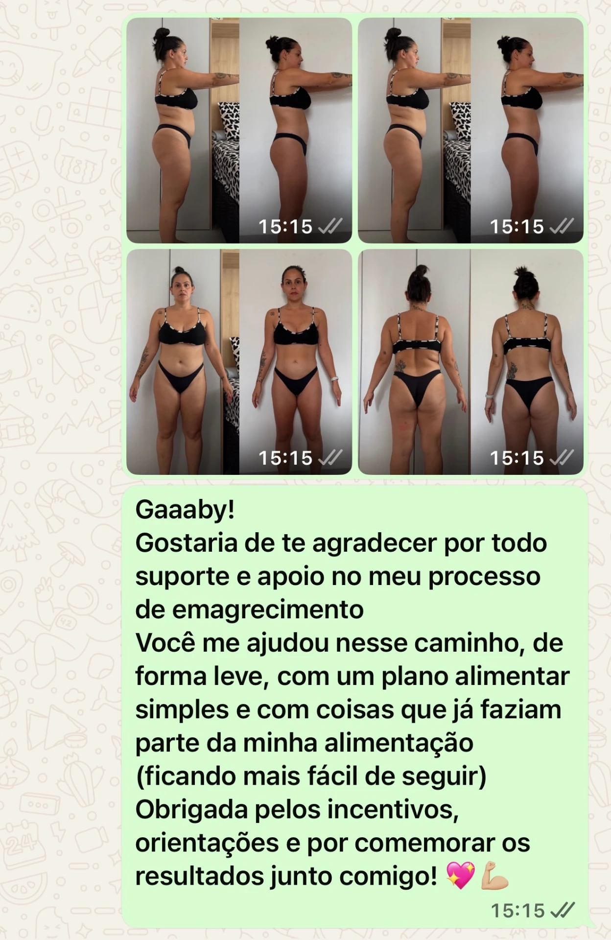 Print de WhatsApp com fotos de evolução e agradecimento de aluna