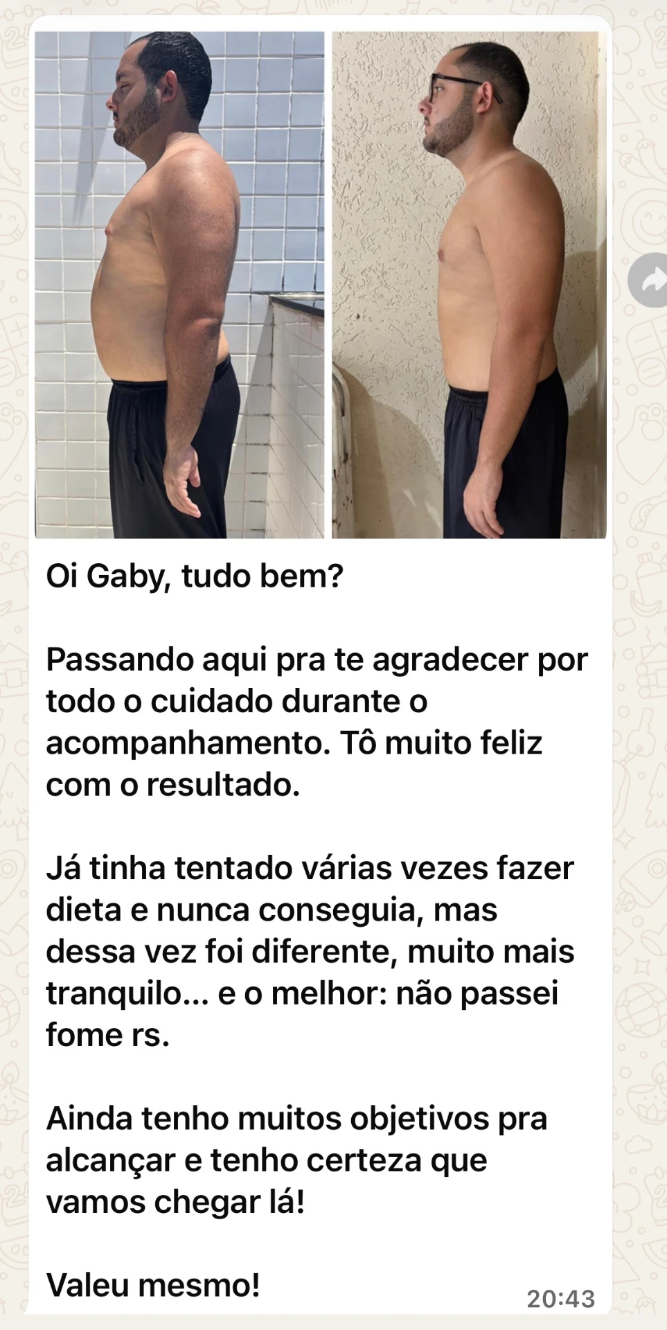 Print de WhatsApp com antes e depois de aluno e depoimento sobre o acompanhamento