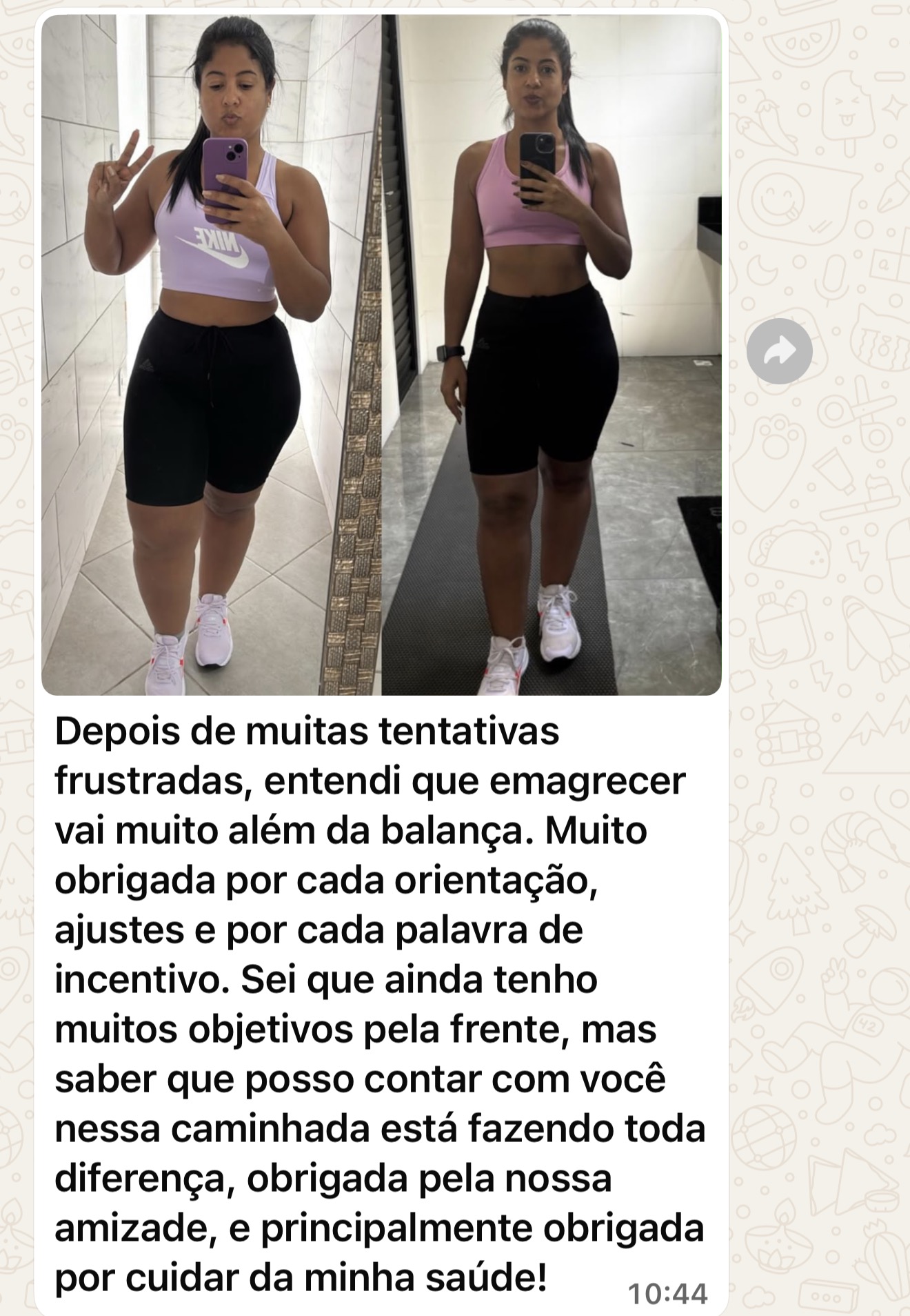 Print de WhatsApp com antes e depois de aluna e agradecimento à Gaby