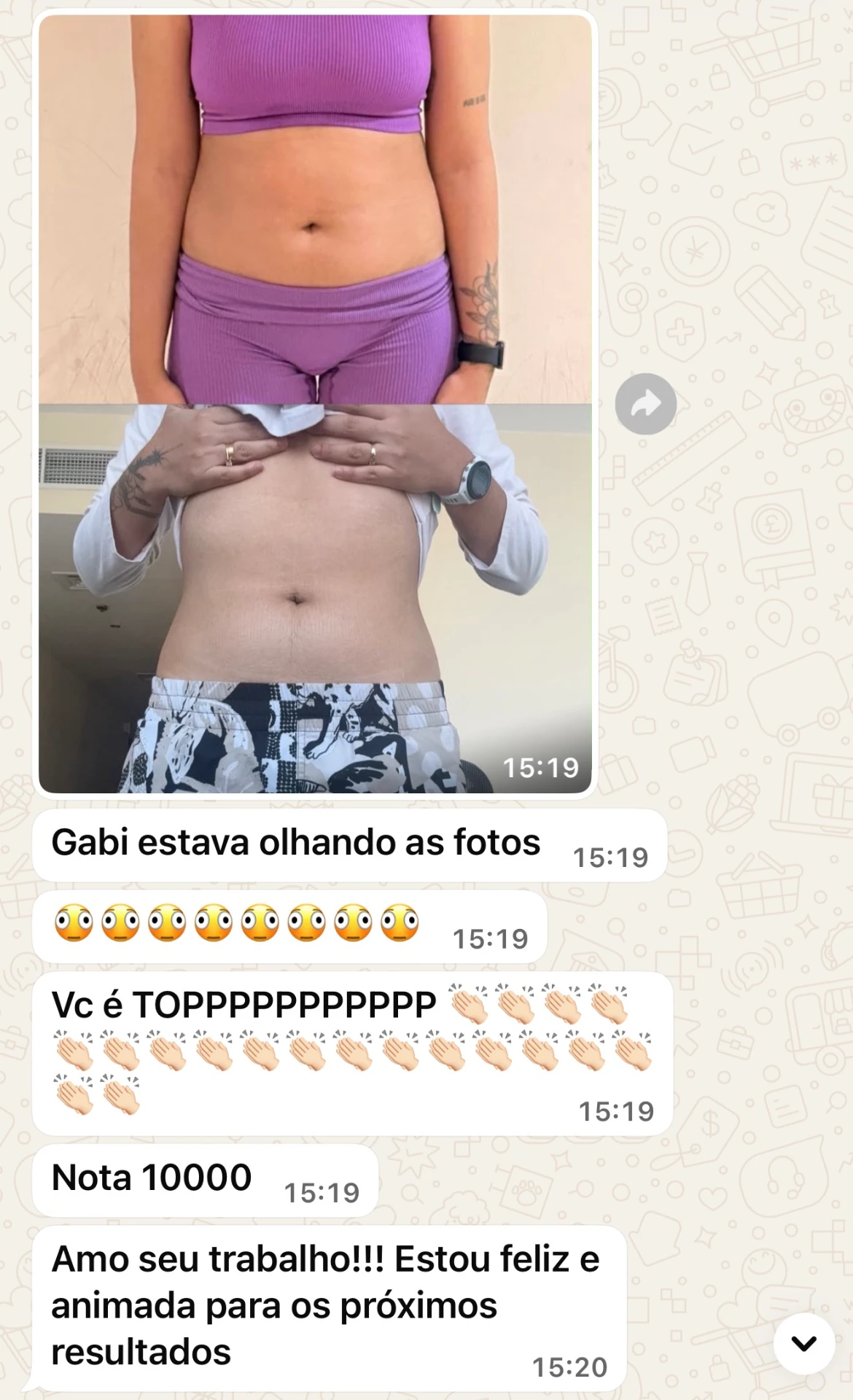 Print de WhatsApp com evolução corporal e elogios ao trabalho da Gaby
