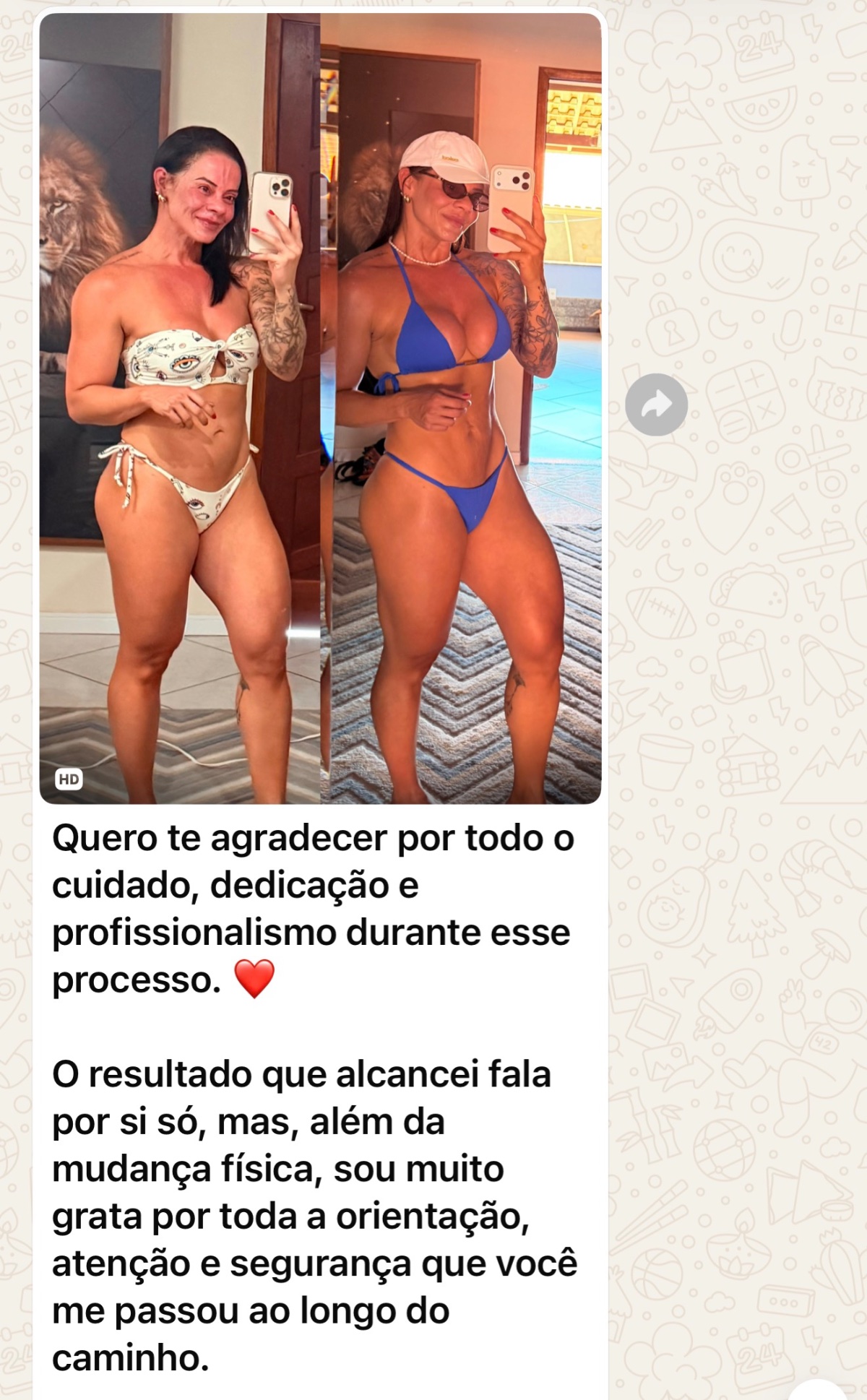 Print de WhatsApp com antes e depois de aluna agradecendo cuidado, dedicação e profissionalismo